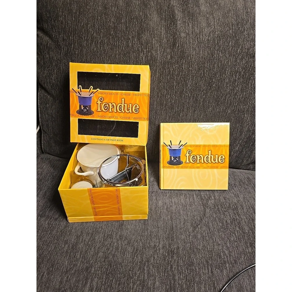 Fondue Set with Ceramic Pot Metal Stand Tea Light and‎ 128 Page Book NIB